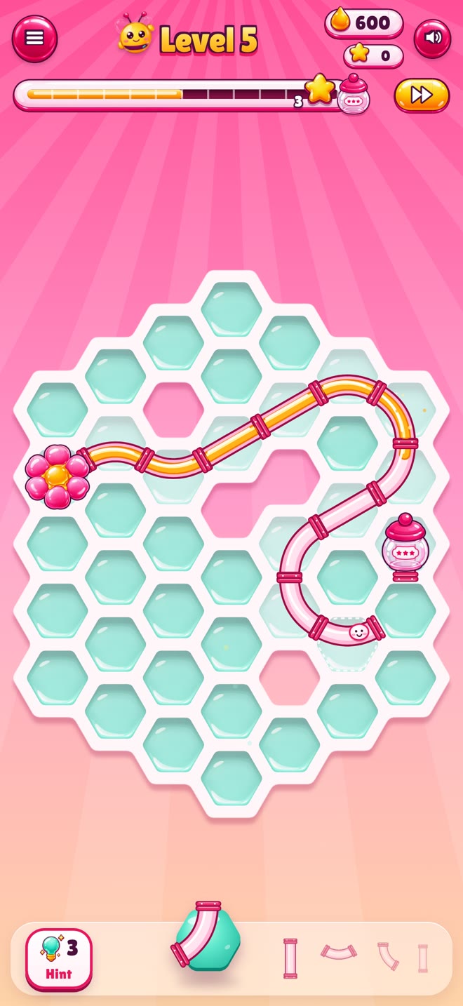 A Honey Pop board: pink pipes carry honey across mint hex cells to a honey pot